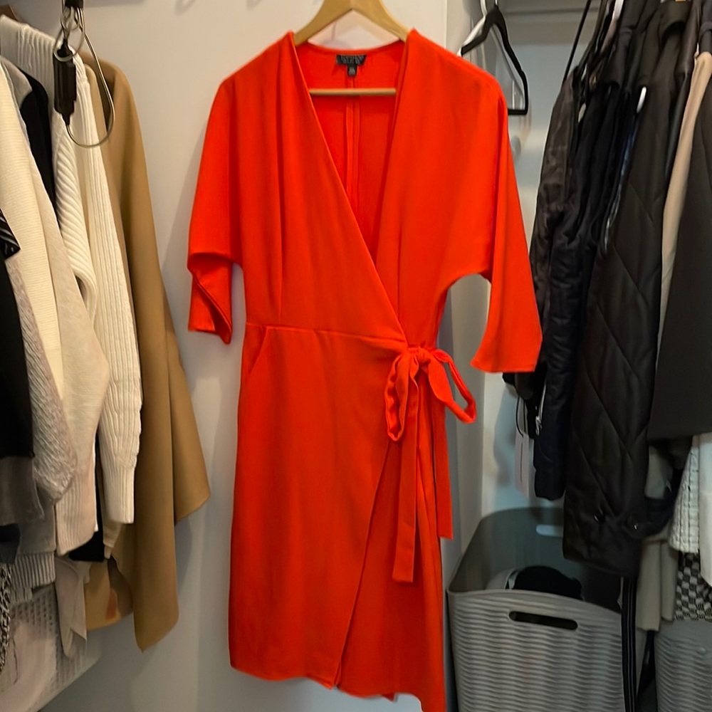 Orange 3/4 sleeve wrap dress- top shop